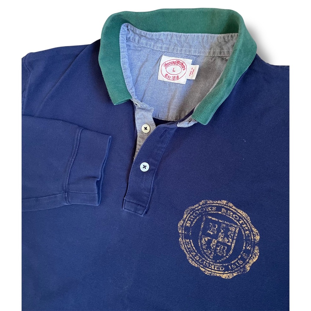 Brooks Brothers Mens Navy Blue Long Sleeve Rugby Polo Shirt Crest Logo Large